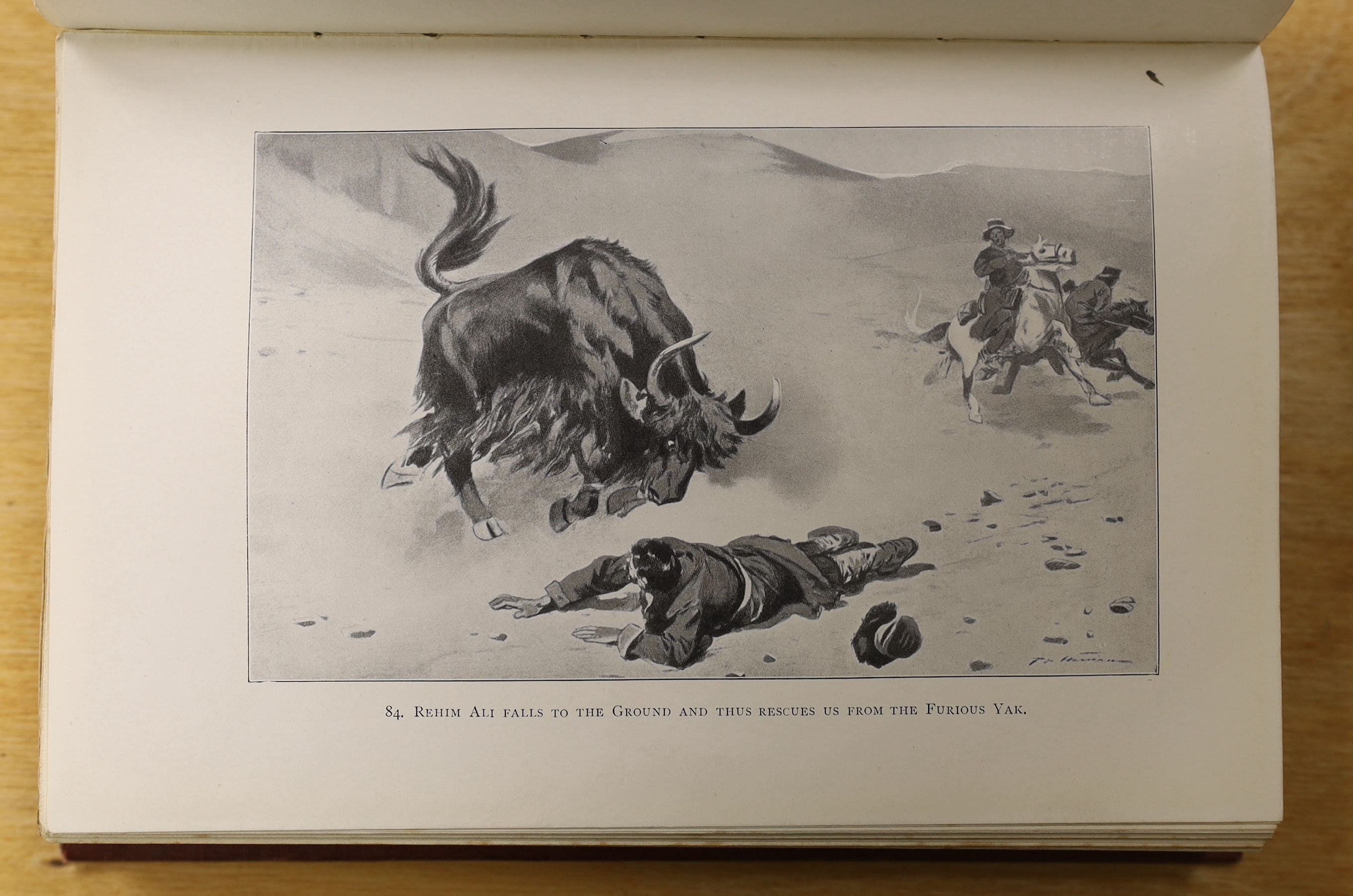 Hedin, Sven - Trans-Himalaya: discoveries and adventures in Tibet. 3 vols. 2 portraits, 295 plates (8 coloured, 3 folded) and 13 maps (some coloured and folded); publisher's gilt pictorial cloth, gilt tops, roy.8vo. 1910